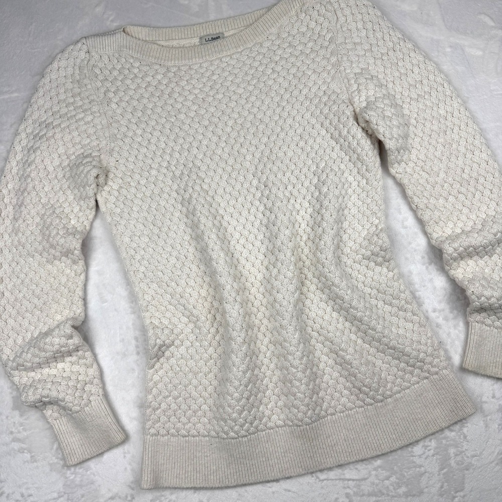 LL Bean Basketweave Knit Sweater Size S Boatneck Pullover Coastal Grandmother - Picture 2 of 10